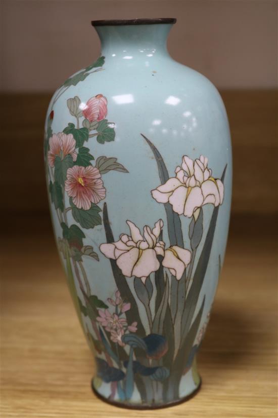 A Chinese blue and white cylindrical vase, a cloisonne turquoise-ground vase and three decorative glass panels (5)